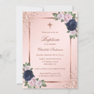 Invitation Rose Gold Blue Blush rose Floral Girl Baptême