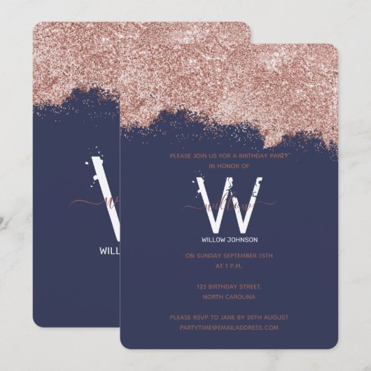 Invitation Rose Gold Blue Girl Parties scintillant Chaque ann (Devant / Derrière)
