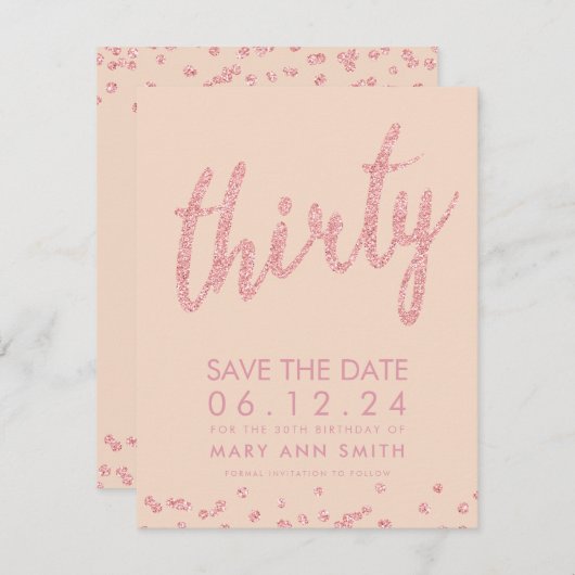 Invitation Rose Gold Blush 30th Birthday Save Date Confetti (Devant / Derrière)