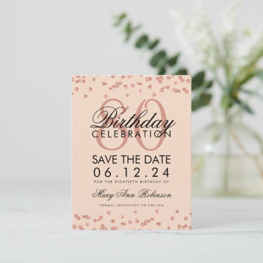 Invitation Rose Gold Blush 80th Birthday Save Date Confetti (Debout devant)