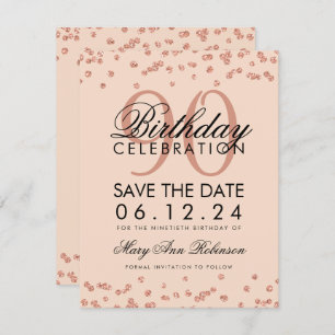 Invitation Rose Gold Blush 90th Birthday Save Date Confetti