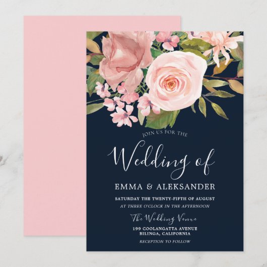 Invitation Rose Gold Blush Flowers Mariage de marine (Devant / Derrière)
