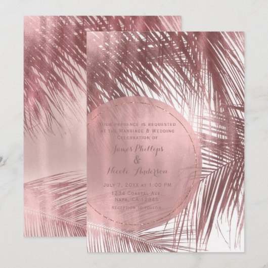 Invitation Rose Gold Blush Palm rose Arbres Tropical Mariage (Devant / Derrière)