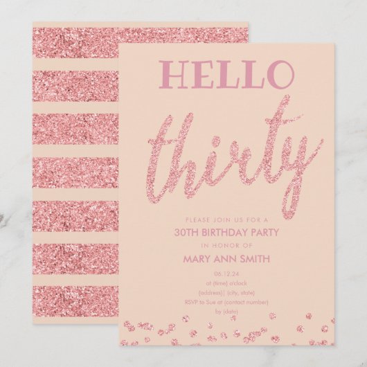 Invitation Rose Gold Blush Parties scintillant "Hello Thirty" (Devant / Derrière)