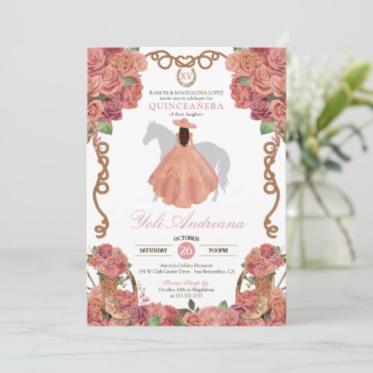 Invitation Rose Gold Blush Peach Western Charro Quinceañera (Debout devant)