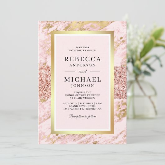 Invitation Rose Gold Blush Pink Marble QR Code Mariage (Debout devant)
