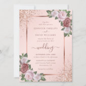Invitation Rose Gold Blush Pink Navy Blue Floral Mariage (Devant)