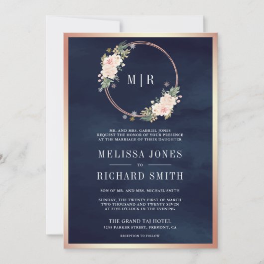 Invitation Rose Gold Blush Pink tout en un Mariage bleu marin (Devant)