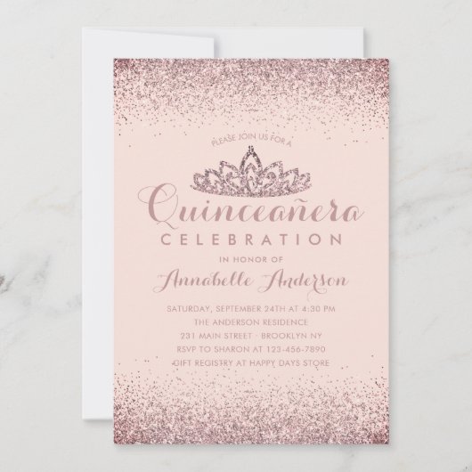 Invitation Rose Gold Blush Quinceañera Gold Tiara Parties sci (Devant)