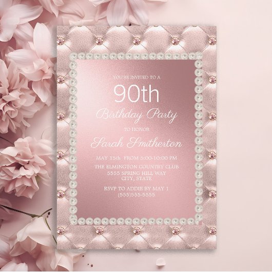 Invitation Rose Gold Blush Rose Blanc 90e fête d'anniversaire
