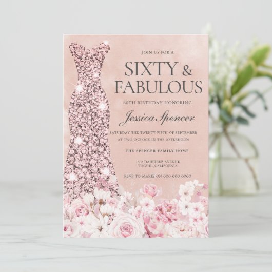 Invitation Rose Gold Blush rose Floral Fabuleux 60e anniversa (Debout devant)