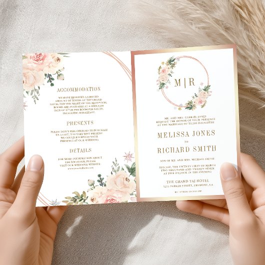 Invitation Rose Gold Blush Rose Florale Code QR Mariage
