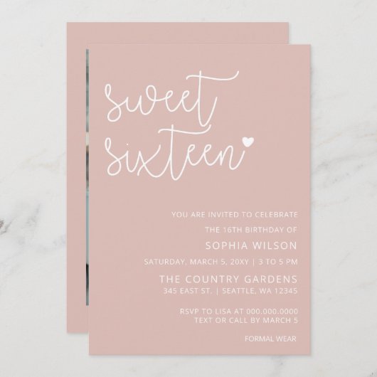 Invitation Rose Gold Blush Script Sweet 16 Anniversaire Photo (Devant / Derrière)