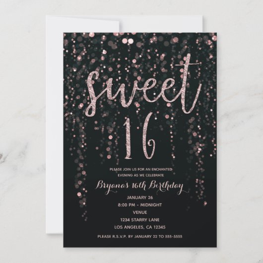 Invitation Rose Gold Blush Sweet 16 po Enchanted Star Lights (Devant)
