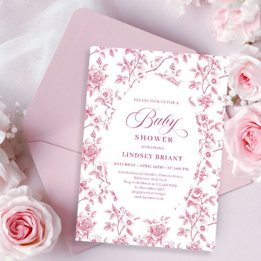 Invitation Rose Gold Blush Toile Roses Floral Baby Shower