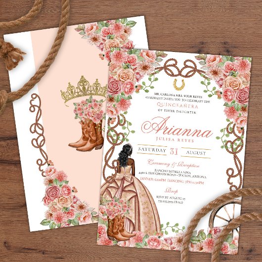 Invitation Rose Gold Blush Western Charra Rustic Quinceañera