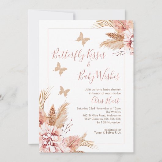 Invitation Rose Gold Boho Floral Butterfly Baby shower Baiser (Devant)