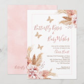 Invitation Rose Gold Boho Floral Butterfly Baby shower Baiser (Devant / Derrière)