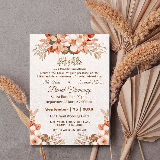 Invitation Rose Gold Boho Floral Mariage pakistanais