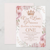 Invitation Rose Gold Boho Floral Princess Crown 1er anniversa (Devant / Derrière)