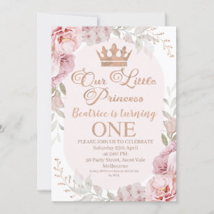 Invitation Rose Gold Boho Floral Princess Crown 1er anniversa