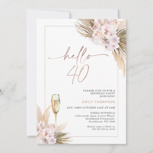 Invitation Rose Gold Boho sec Floral Pampas 40e anniversaire (Devant)