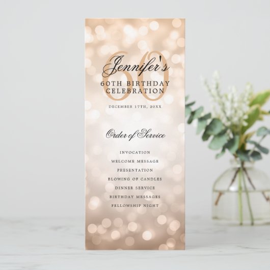 Invitation Rose Gold Bokeh 60th Birthday Program avec menu (Debout devant)