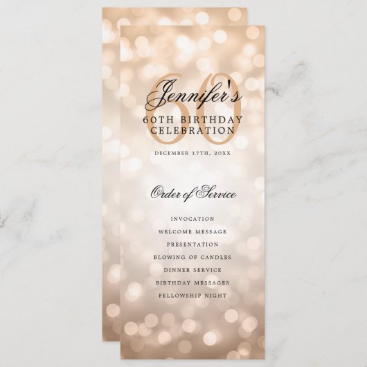 Invitation Rose Gold Bokeh 60th Birthday Program avec menu (Devant / Derrière)