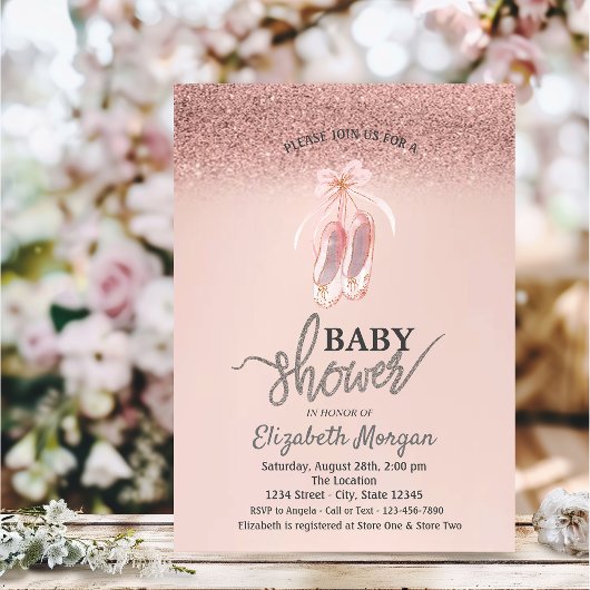 Invitation Rose Gold Bokeh, Flower Ballet Chaussures Baby sho