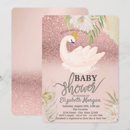 Invitation Rose Gold Bokeh, Swan Boho Flowers Baby shower (Devant / Derrière)
