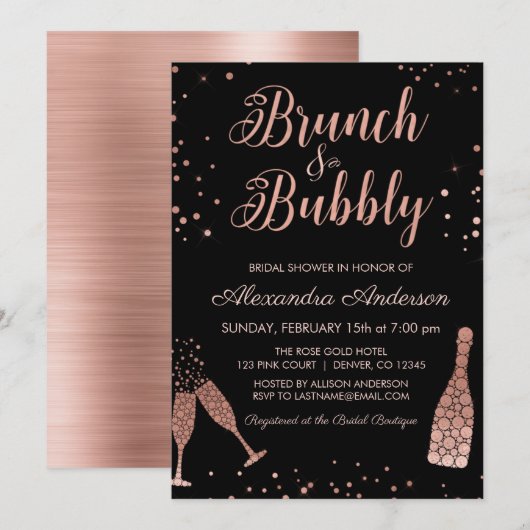 Invitation Rose Gold Brunch & Fête des mariées Bubbly (Devant / Derrière)