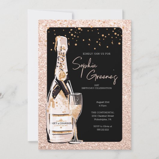 Invitation Rose Gold Bubbly Champagne fête d'anniversaire (Devant)