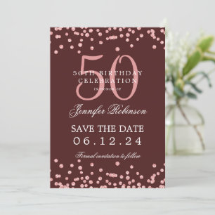 Invitation Rose Gold Burgundy 50th Birthday Save Date Détails