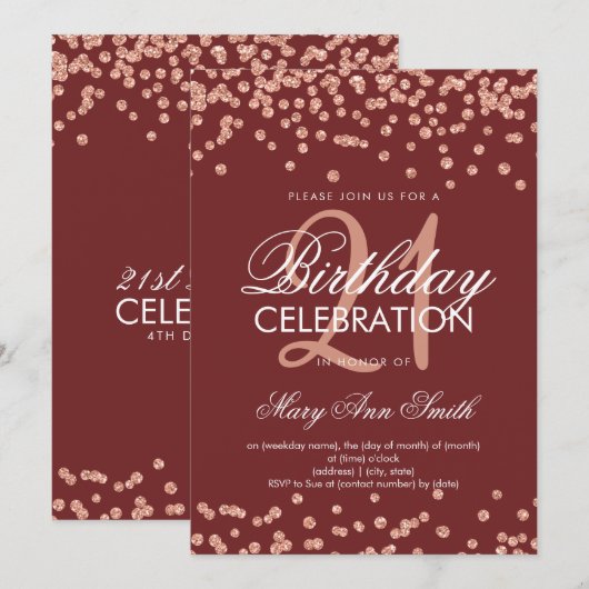 Invitation Rose Gold Burgundy Parties scintillant Confetti 21 (Devant / Derrière)