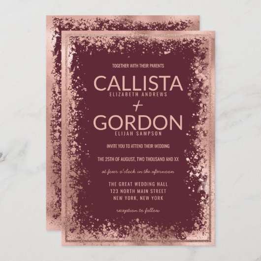 Invitation Rose Gold Burgundy Parties scintillant Mariage fro (Devant / Derrière)