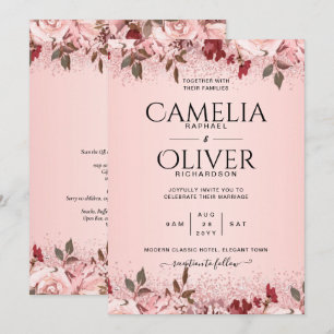 Invitation Rose Gold Burgundy Rose Floral Mariage Invite