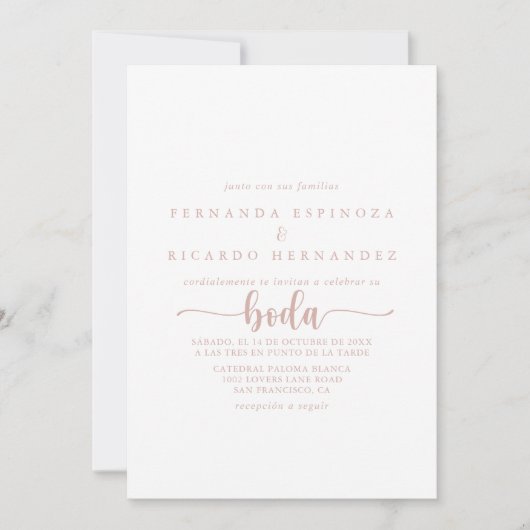 Invitation Rose Gold Calligraphie espagnol Mariage (Devant)