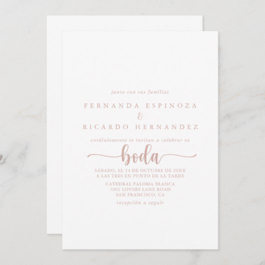 Invitation Rose Gold Calligraphie espagnol Mariage (Devant / Derrière)