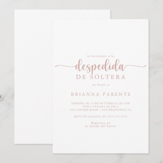 Invitation Rose Gold Calligraphie Fête des mariées espagnole (Devant / Derrière)