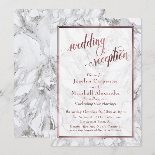 Invitation Rose Gold Calligraphie Réception de Mariage Marbre (Devant / Derrière)
