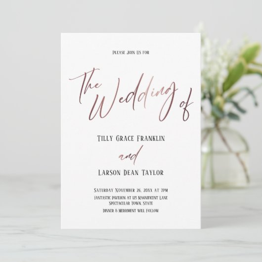 Invitation Rose Gold Calligraphie Simple Le Mariage De (Debout devant)