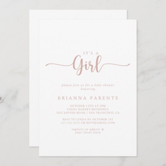 Invitation Rose Gold Calligraphy C'est un Baby shower de fill (Devant / Derrière)