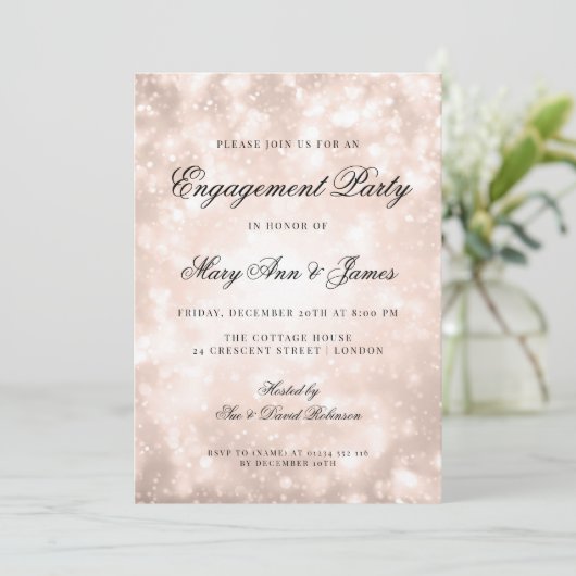 Invitation Rose Gold Champagne Bokeh Elegant Engagement Party (Debout devant)