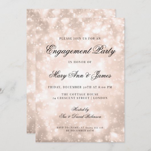Invitation Rose Gold Champagne Bokeh Elegant Engagement Party (Devant / Derrière)
