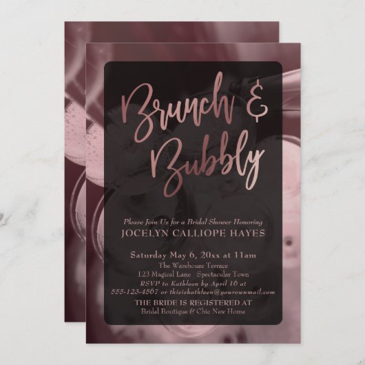 Invitation Rose Gold Champagne Brunch & Bubbly Écriture manus (Devant / Derrière)