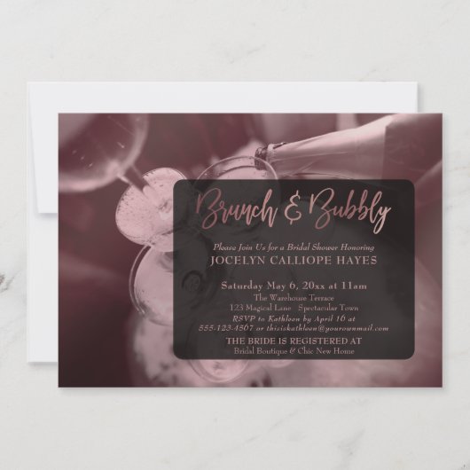 Invitation Rose Gold Champagne Brunch & Bubbly Écriture manus (Devant)