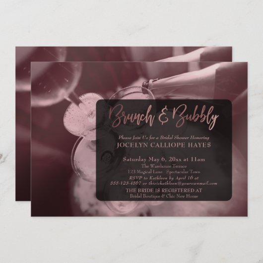 Invitation Rose Gold Champagne Brunch & Bubbly Écriture manus (Devant / Derrière)
