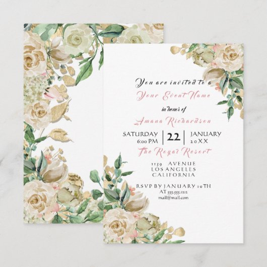 Invitation Rose Gold Champagne Floral Anniversaire Mariage (Devant / Derrière)