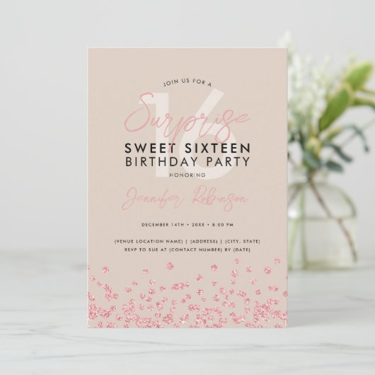 Invitation Rose Gold Champagne Parties scintillant Surprise S (Debout devant)