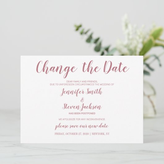Invitation Rose Gold Changement de date Plans Reportés Mariag (Debout devant)